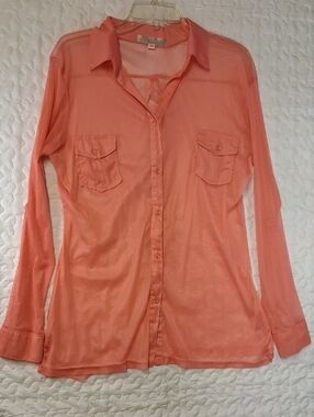 Lightweight Sheer Pinklong Sleeve Button-Down Shirt by Penelope Pounted Collar
